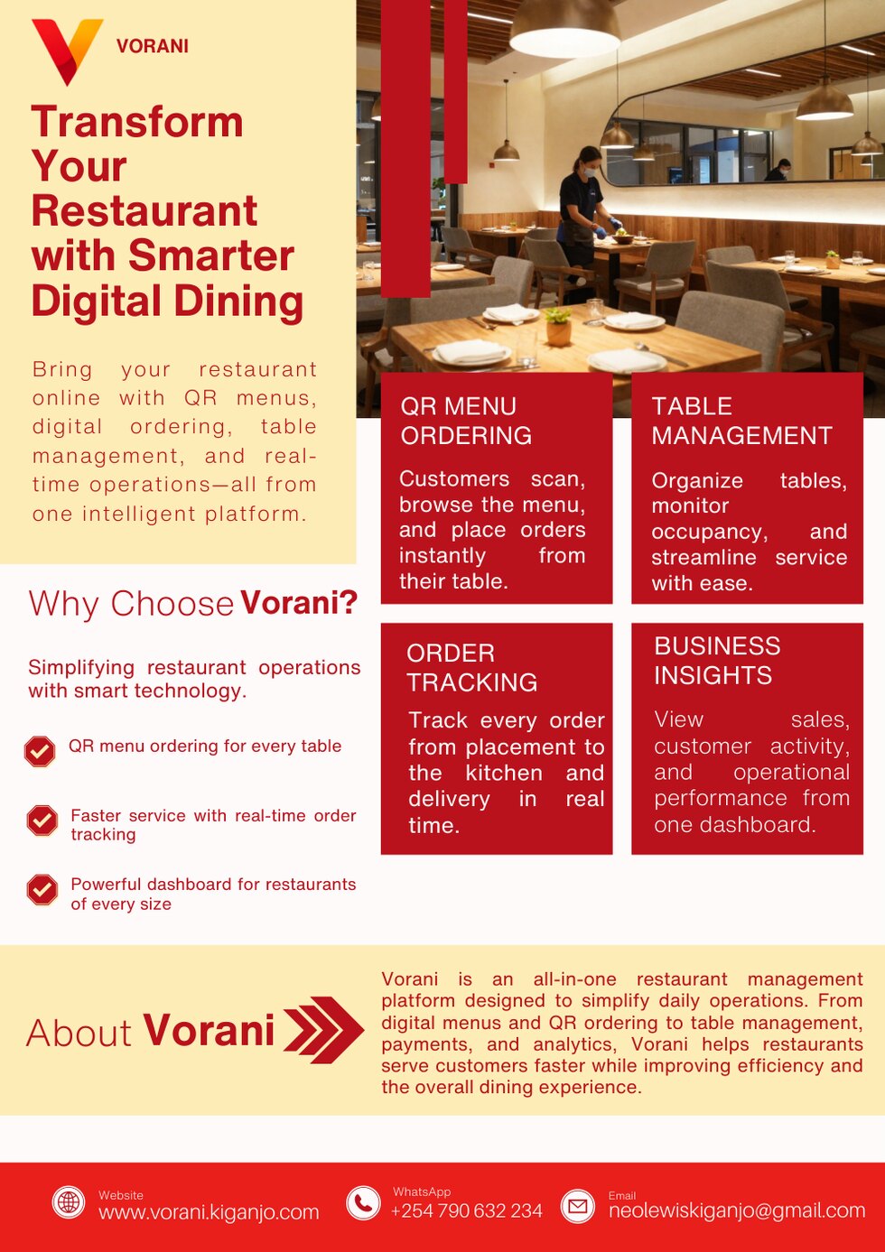 Vorani platform poster showing QR ordering, table management, order tracking, and business insights
